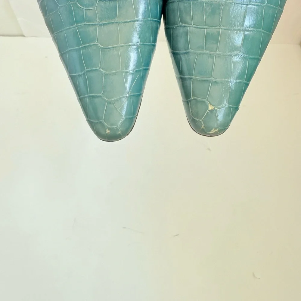 Manolo Blahnik Teal Blue Croc Embossed Leather Carolyne Slingback Heels EU 38.5 - Picture 10 of 10